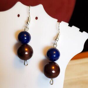 Silver Tone Hook Bronze Blue Glass Bead Earrings